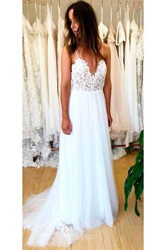Brautkleid A-Linie Tiefer V-Ausschnitt Spitzen-Overlay Natürliche Taille - Seite 1